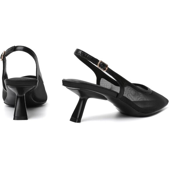 Mostrin Kitten Heels Black Mesh Mesh Low Slingback Heels with Buckle Dress Shoes - Picture 8 of 9